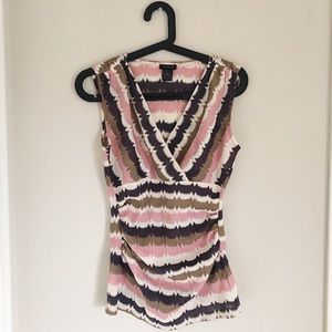Striped pink Ann Taylor wrap tank top with ruched details